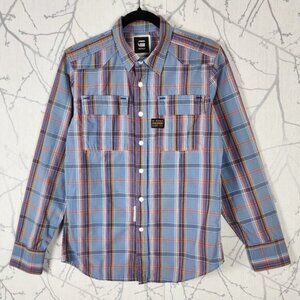 G-Star Blue Plaid 100% Cotton Zipper Snap Closure Shirt